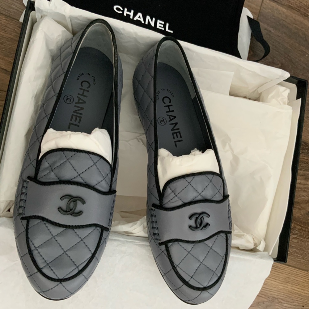 CHANEL Quilted Black and Gray Loafers